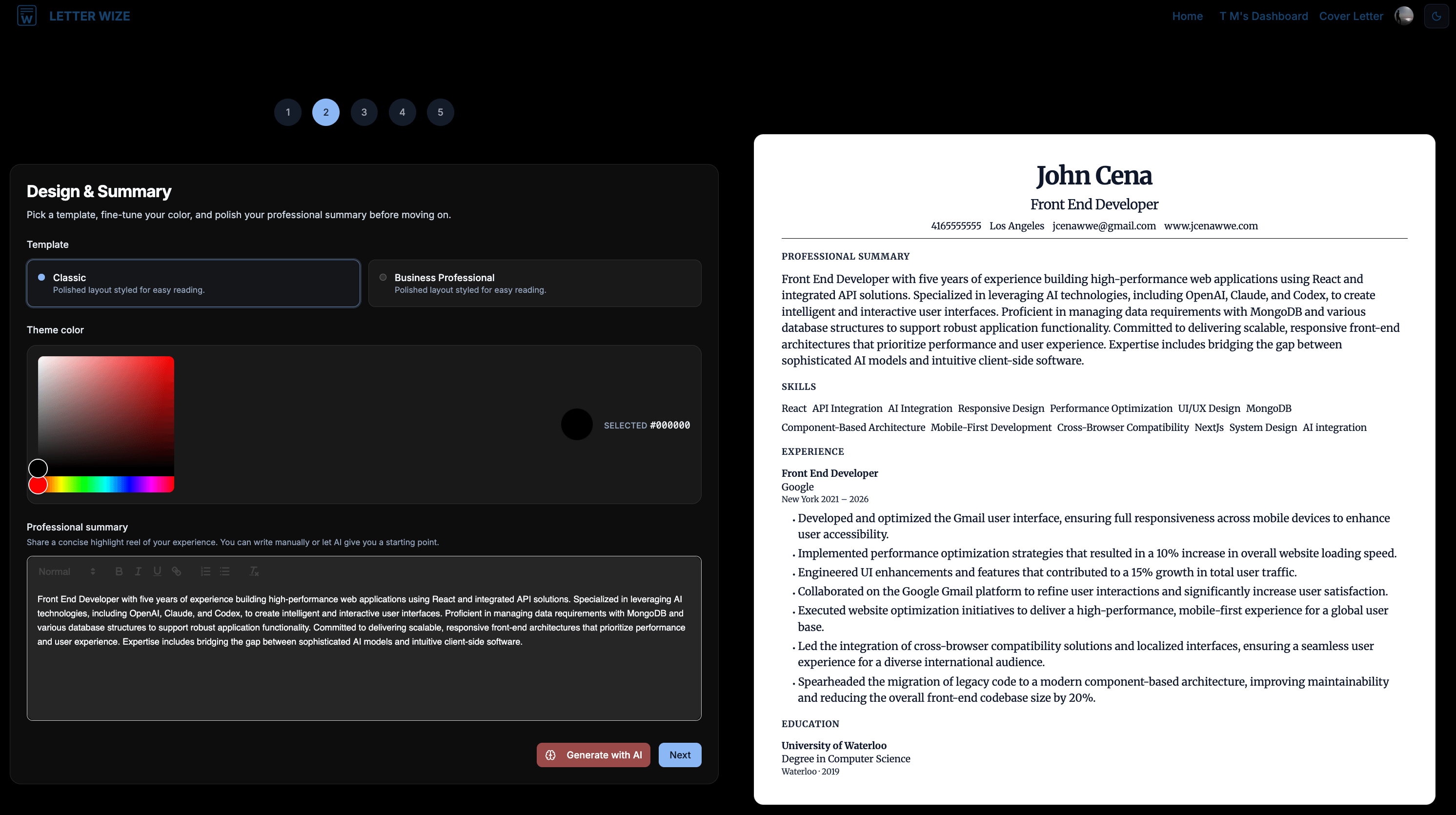LetterWize resume builder showing template controls and a live resume preview
